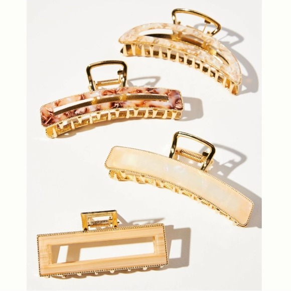 Anthropologie Accessories - Anthropologie RESIN CLAW HAIR CLIP SET of 4 in Gold Metal Cream Ivory